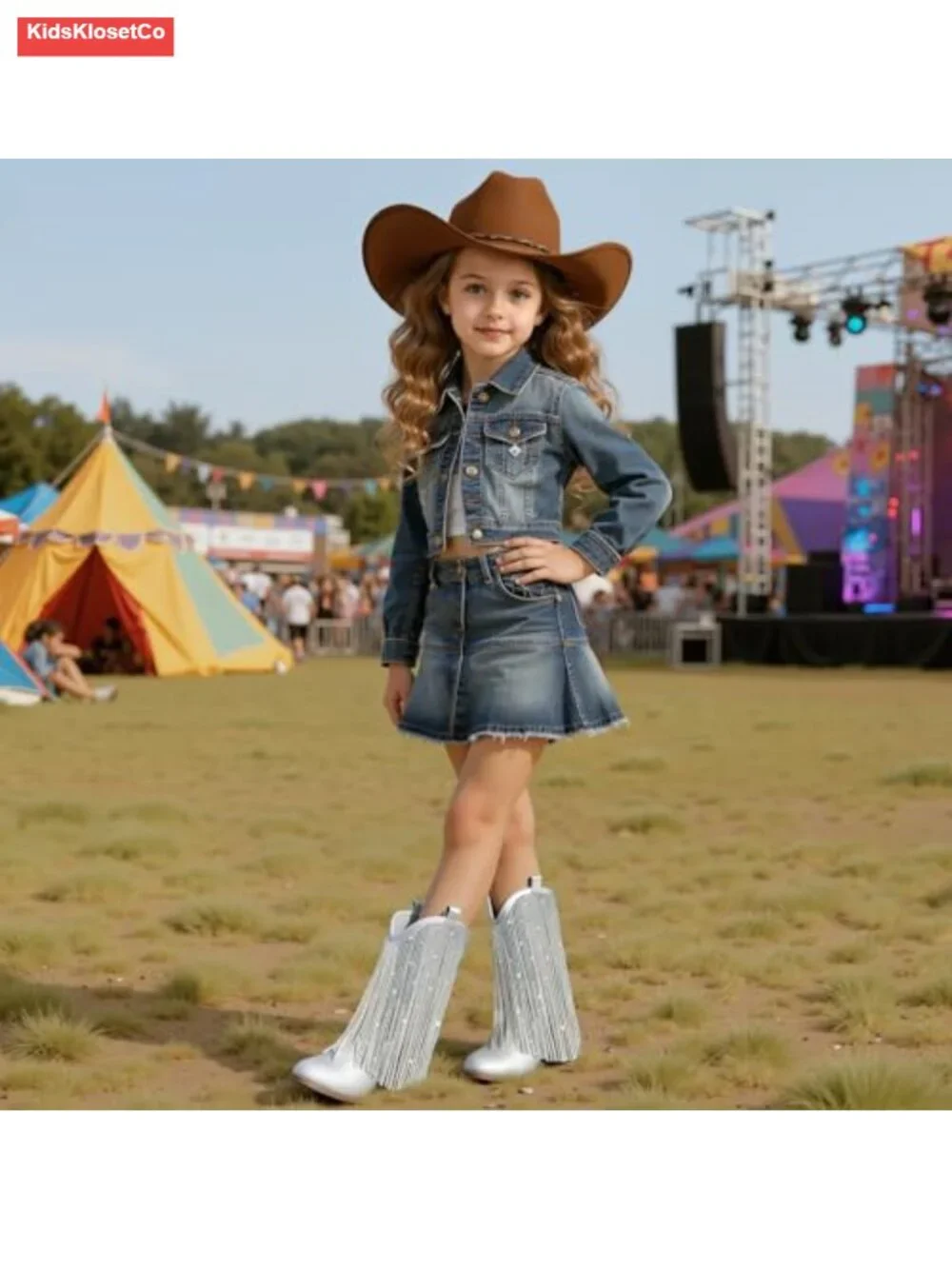 Rhinestone Fringe Cowgirl Boots for Girls Mid Calf Pointed Toe Cowboy Boots